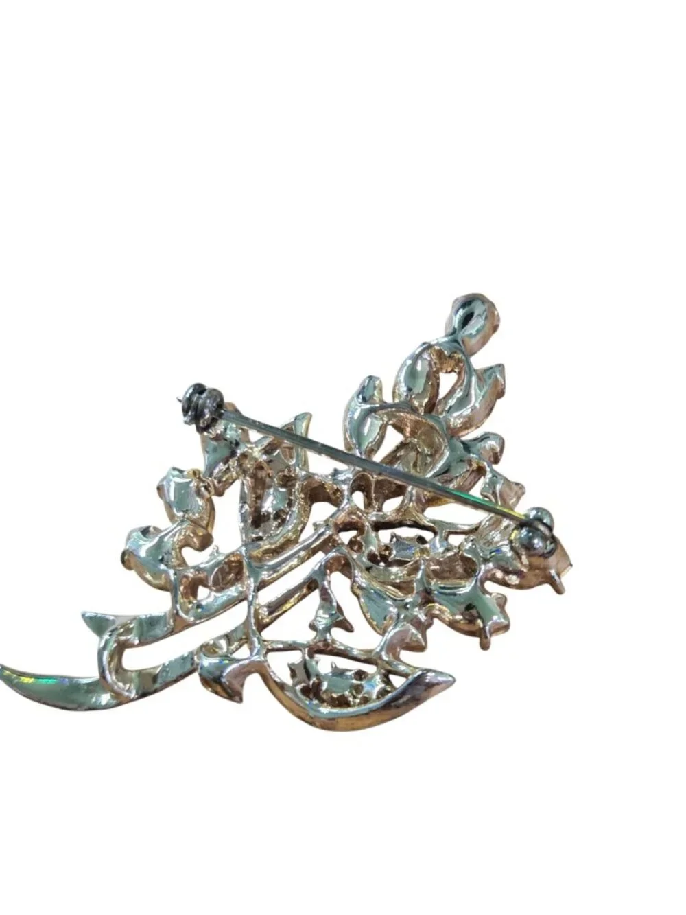 Mid Century Vintage Leaf Clear Rhinestone Goldtone Brooch 2